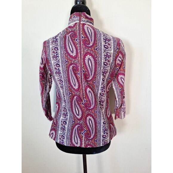 VIntage 60s 70s Mod Maroon Purple Floral Paisly Mock Neck Top Women Size S/M - Picture 7 of 9